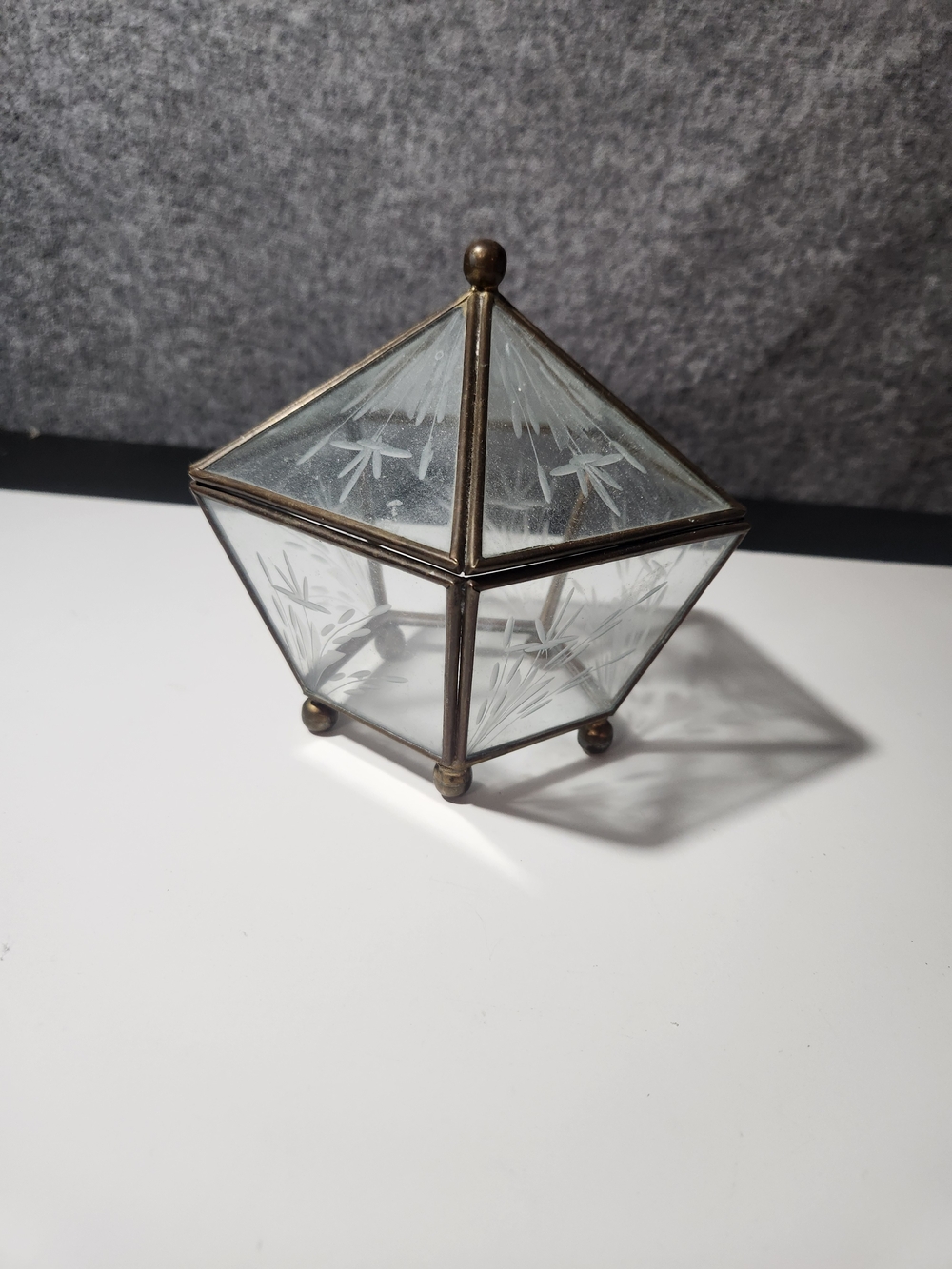 Etched Glass Decorative Jewelry Box with Bronze Metal Frame - Clear